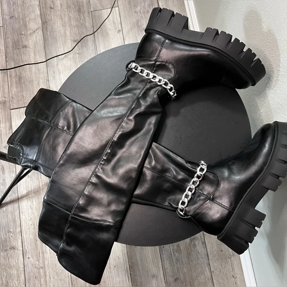 G By Guess Coen Tall Platform Boots Over The Knee Chain Chunky Festival Goth